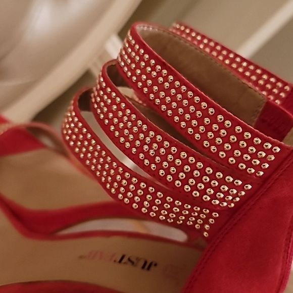 JustFab Red Gold Stud Open Toe Platform Stilettos - Picture 11 of 16